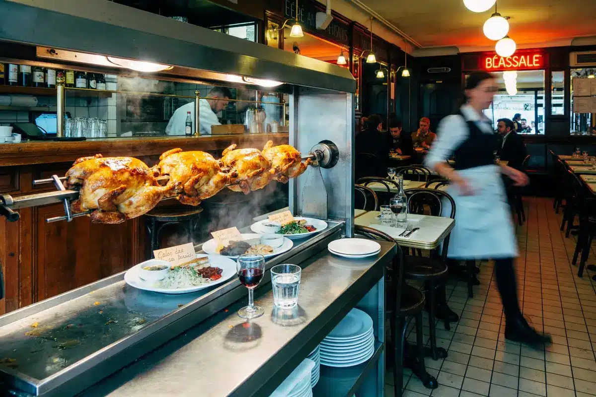 Rôtissoire avec poulets grillés dans un restaurant animé, serveuse en mouvement, tables dressées et clients en arrière-plan.