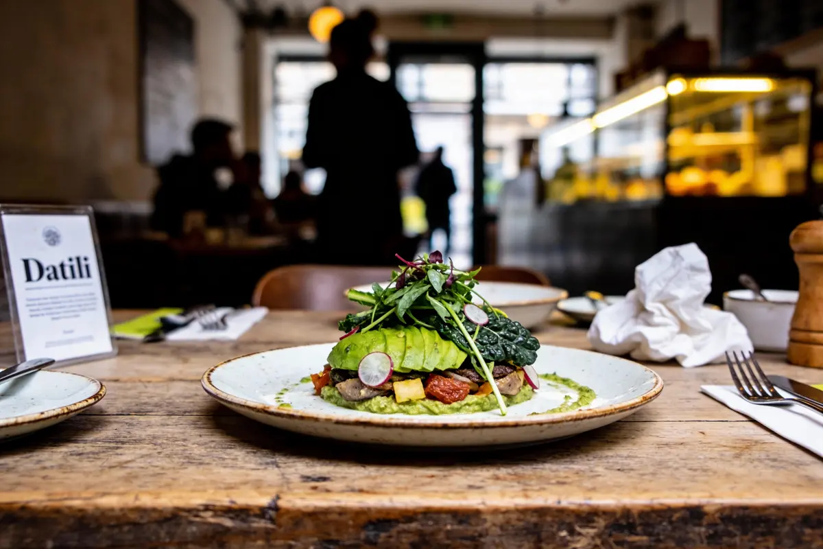 Assiette de salade colorée sur table en bois dans un café avec ambiance floue en arrière-plan.