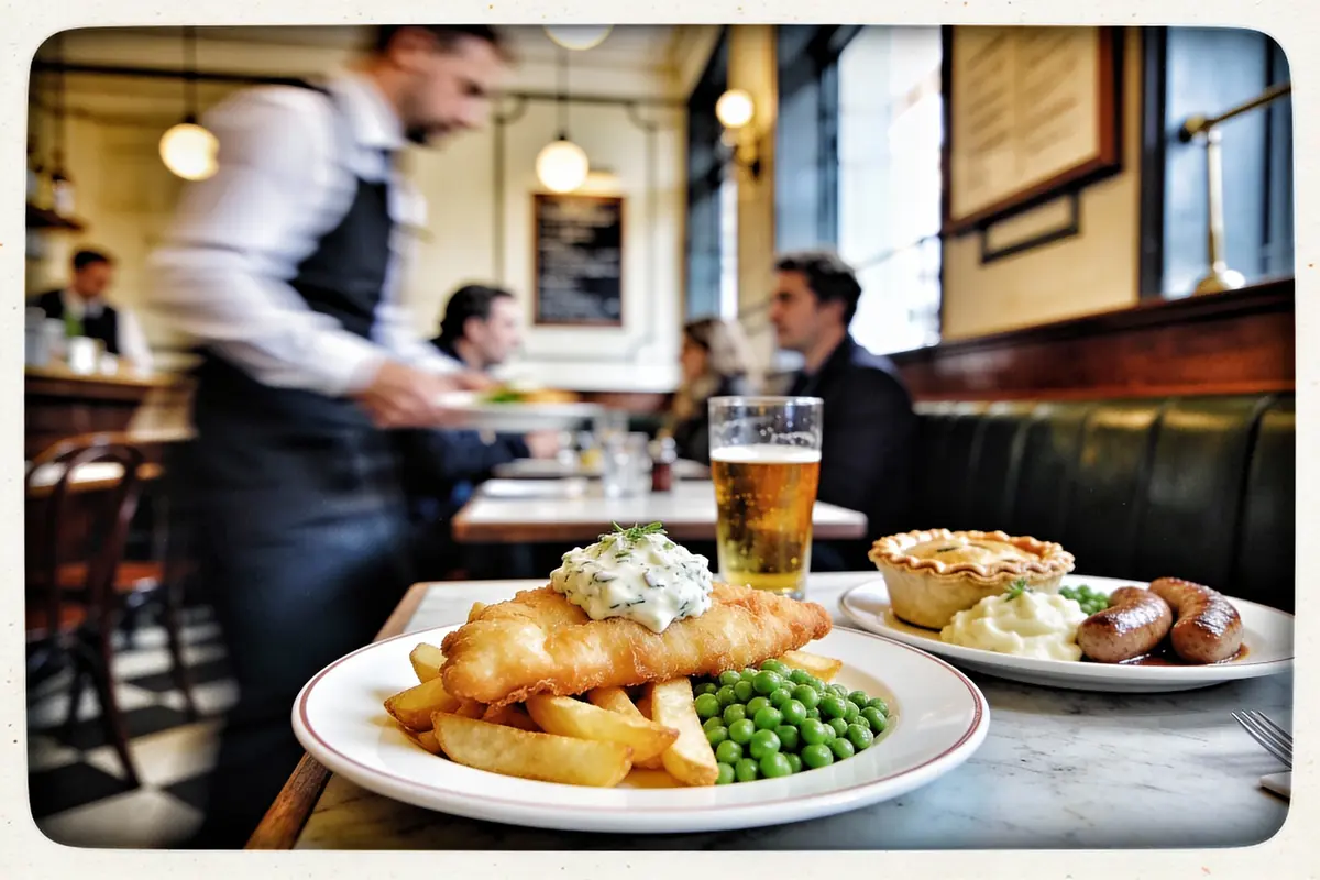 Assiette de fish and chips et petits pois, verre de bière dans un restaurant animé.