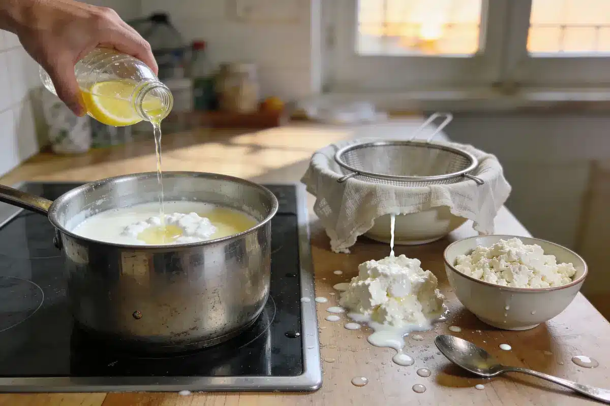 Main versant liquide dans casserole de lait, fromage frais égoutté sur plan de travail avec passoire.