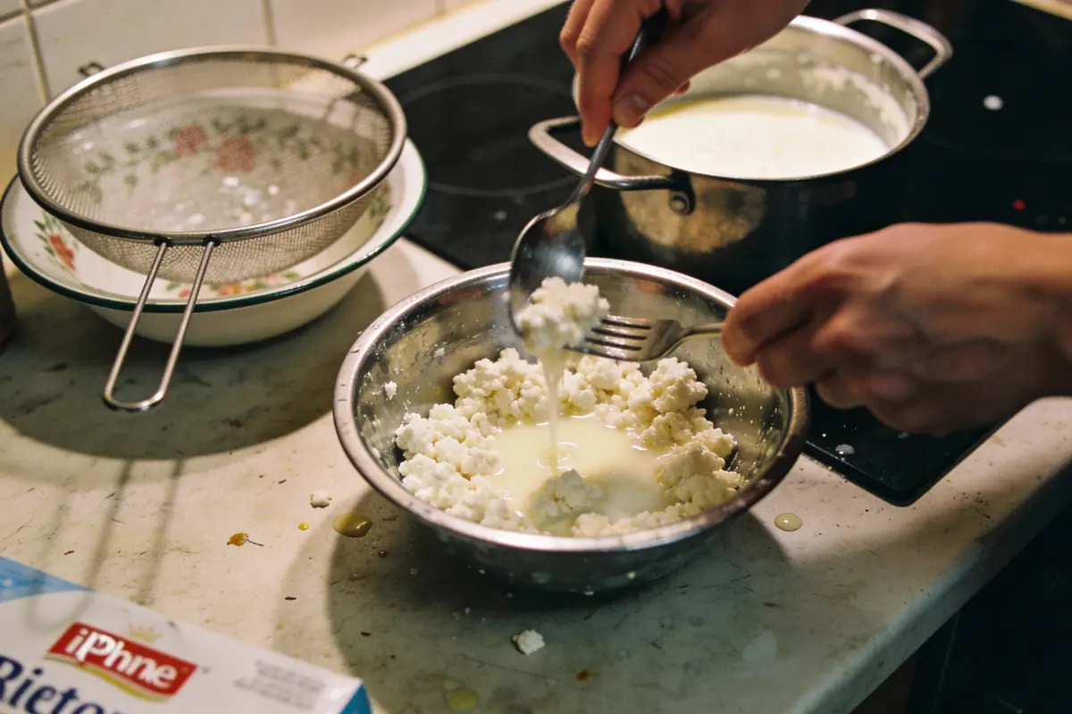 Préparation de fromage cottage maison dans un bol avec ustensiles de cuisine sur plan de travail.